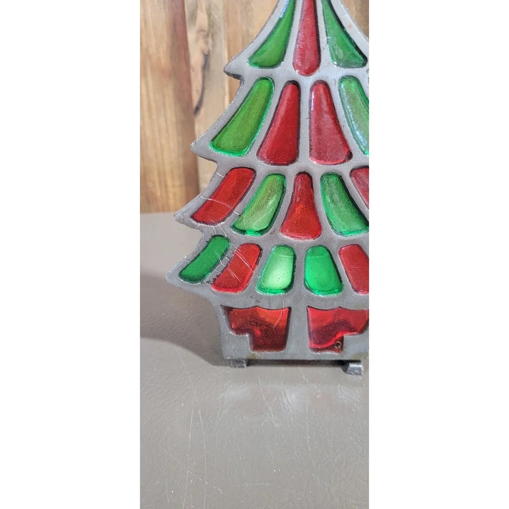 Vintage Interpur Cast Iron Stained Glass Christmas Tree Candle Holder 7.75